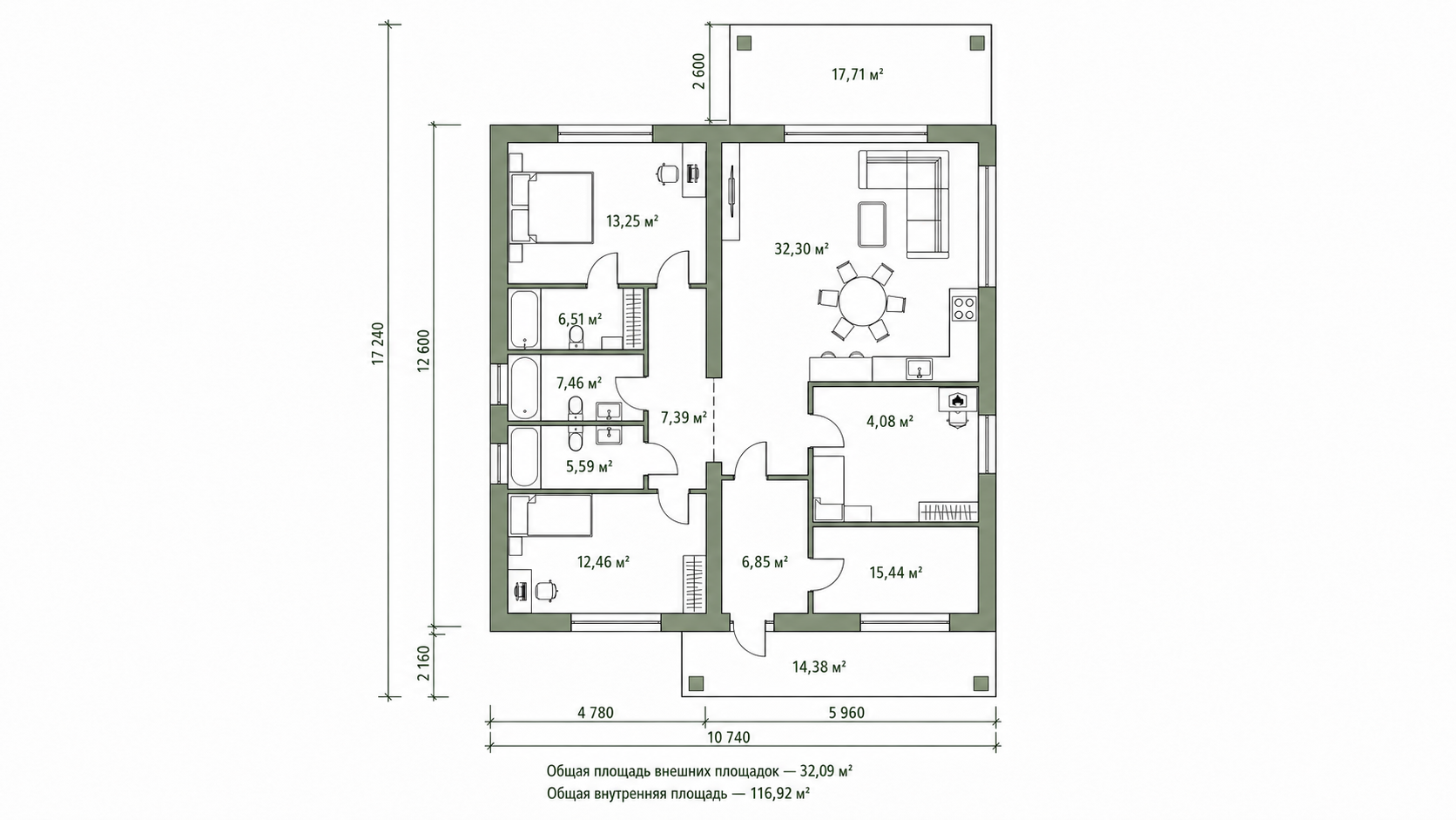 Планировочная схема 116,92 м² с площадями помещений и размерами стен