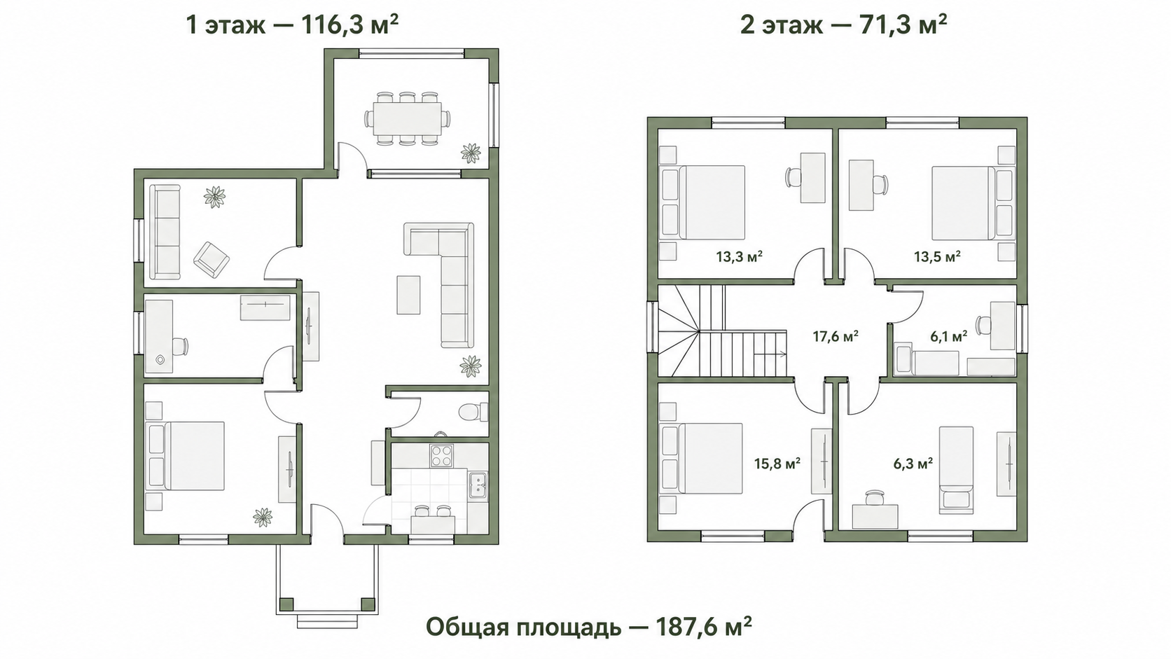 Две поэтажные планировочные схемы в зелёной графике